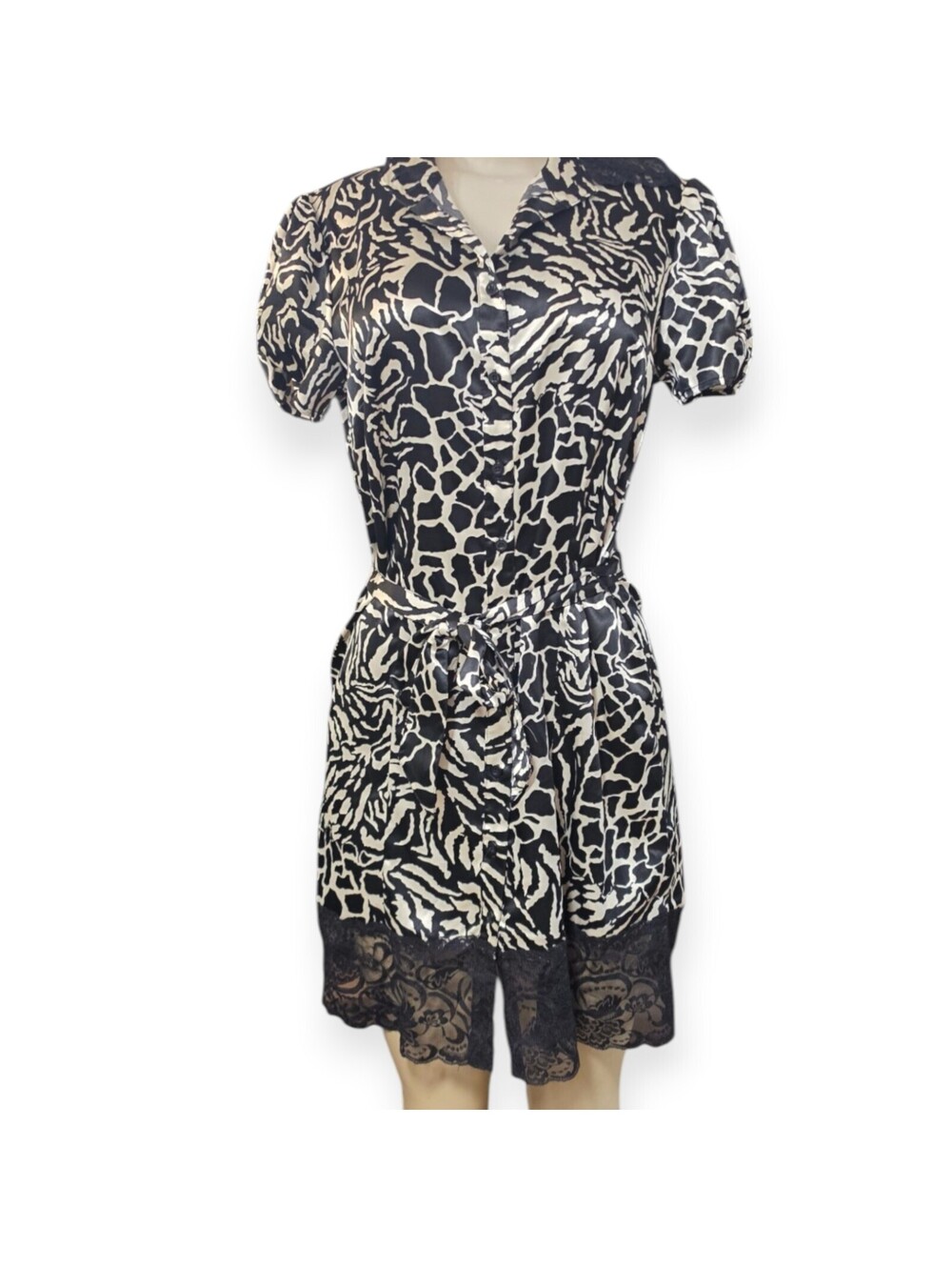 Bisou Bisou Animal Zebra Print Satin Shirt Dress Lace Trim Belted Y2K Black